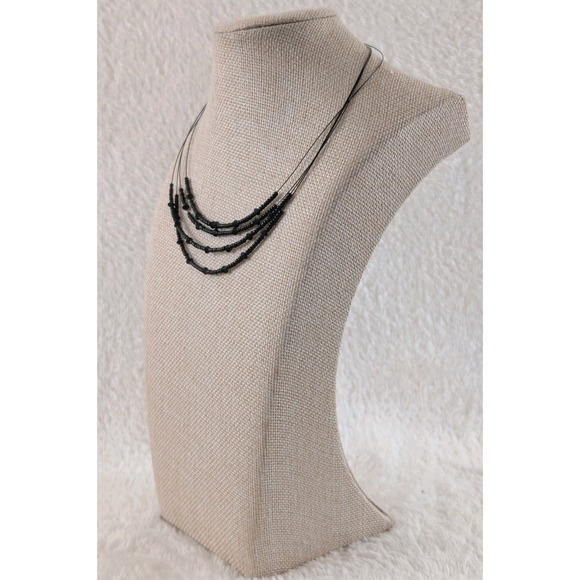 Stranded Jewelry - Black Multi Strand Wire Necklace Seed Beads Minimalist Layered Adjustable